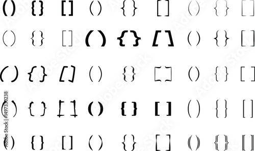 Text brackets icon set. Black quotation marks. Curly braces, double symmetric and angle. Vintage typographic symbol calligraphic quote frame. Doodle, element lettering. Vector for punctuation maths.