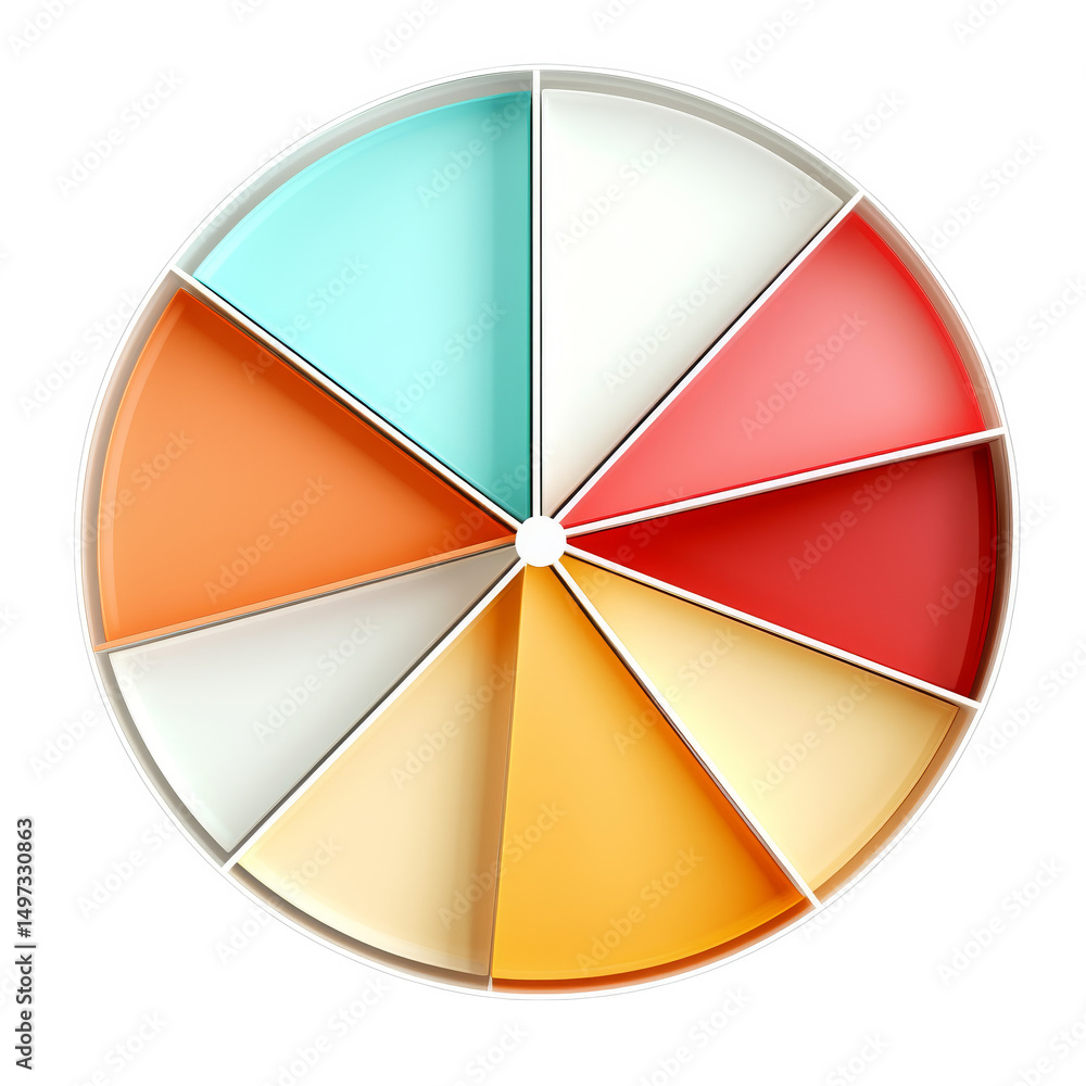 Obraz premium Colorful pie chart with multiple segments various shades of orange, red, yellow, and blue, representing data visualization