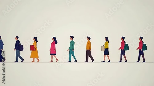 Diverse group of professionals walking in a line, showcasing various attire and accessories in a minimalistic setting