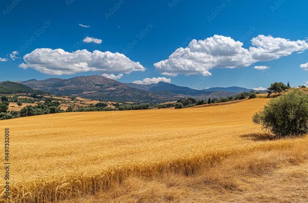 Fototapeta premium Photograph of a golden wheat field under the blue sky in Andalusia, Spain. This stock photo won a contest, and it is of the highest quality and resolution