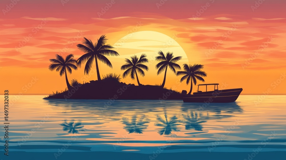 Fototapeta premium tropical island with palm tree silhouettes viewed from a boat
