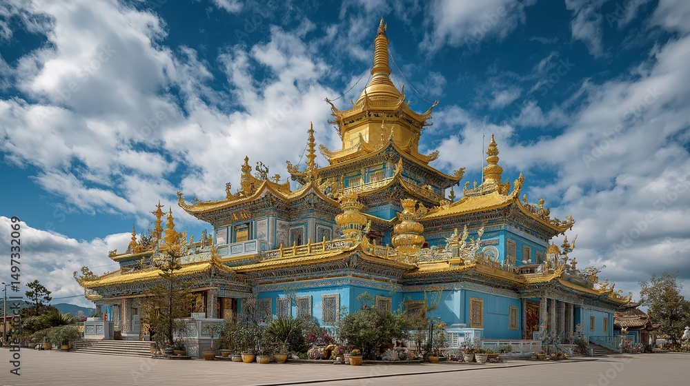 Fototapeta premium Menghuan Great Golden Pagoda complex with ornate carvings and golden spires against mountain backdrop, perfect for travel brochures and architectural studies