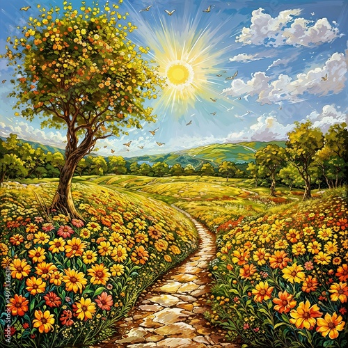 Beautiful cute illustration with landscape with road, tree, flowers sunny day.