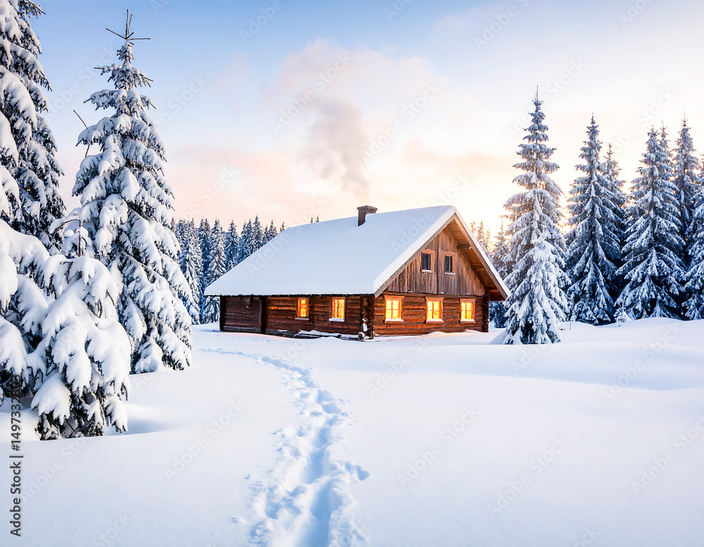 Snow-Covered Cabin in a Magical Winter Forest with Frosted Pine Trees and Mountain Background Snow-Covered Cabin in a Magical Winter Forest with Frosted Pine Trees and Mountain Background