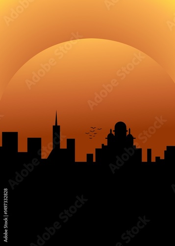 city skyline at sunset