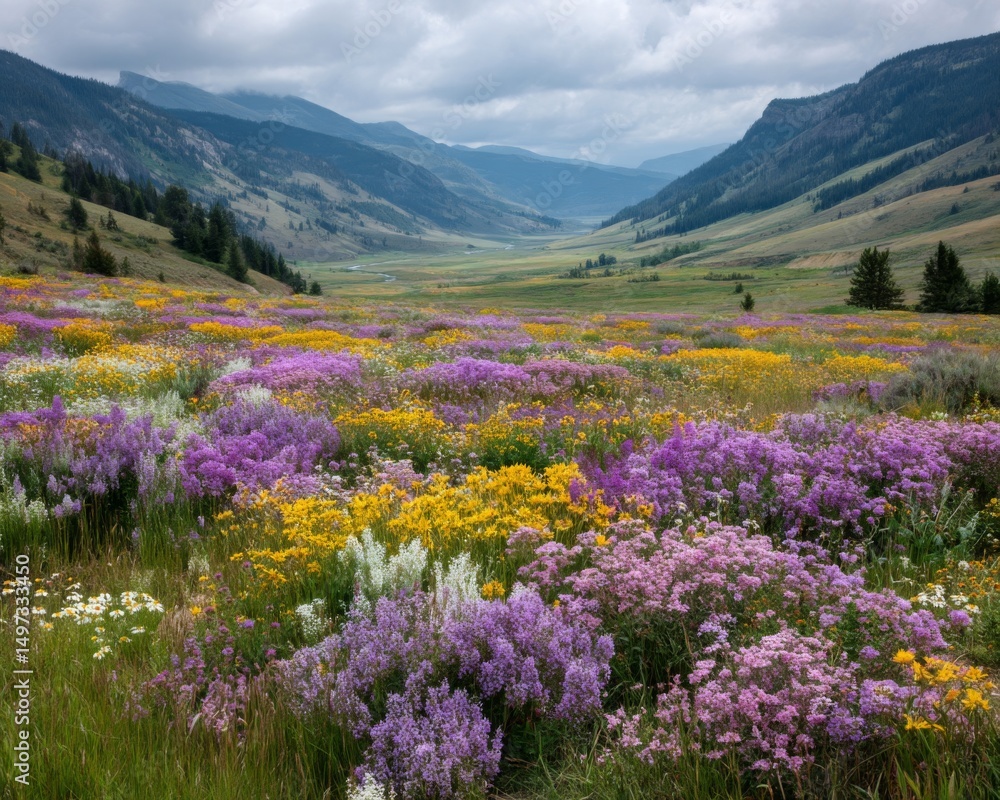 Fototapeta premium Vibrant Wildflower Meadow in Mountain Valley