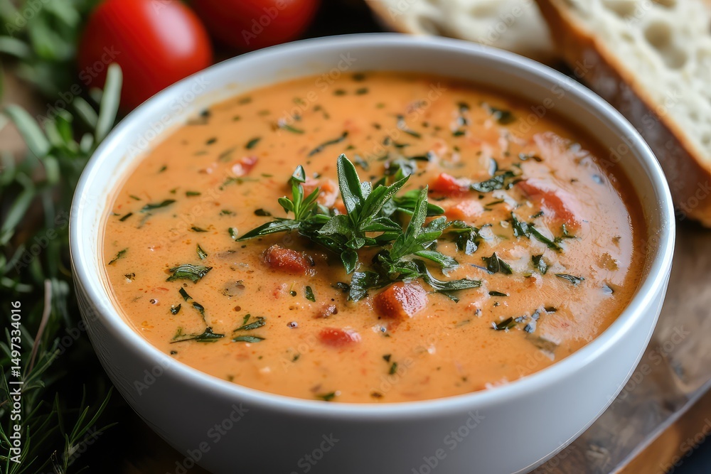 a bowl of creamy soup garnished with fresh herbs and served with bread a bowl of creamy soup garnished with fresh herbs and served with bread