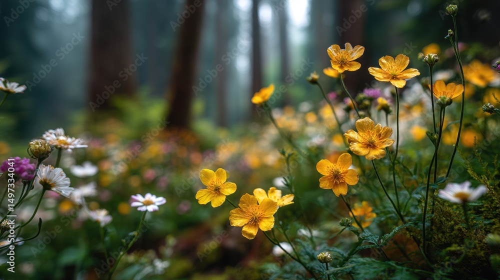 Obraz premium Vibrant wildflowers blooming in a serene forest setting