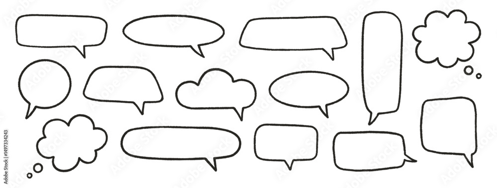 Fototapeta premium Speech bubbles, crayon set. Chalk talk thought boxes. Line hand drawn chat frames, kid doodle style. Dialogue balloon clouds. Pencil drawing, black elements on white background. Vector illustration