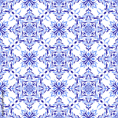 Mediterranean blue white seamless pattern. Ethnic mosaic design, traditional Portuguese, Italian, Spanish motifs. Floral ornament for home textile or ceramic tile. Vector illustration
