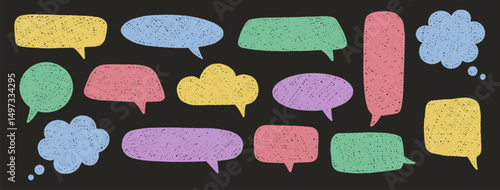 Speech bubbles crayon colorful set. Chalk textured talk thought boxes. Hand drawn chat frames, doodle style. Dialogue balloon clouds. Pencil drawings, elements on black background. Vector illustration