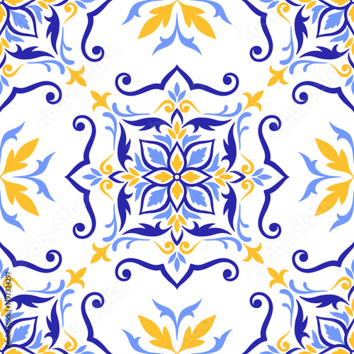 Mediterranean seamless pattern of blue yellow tiles, white background. Ethnic mosaic design. Portuguese, Italian, Spanish motifs. Floral ornament for home textile or ceramic. Vector illustration