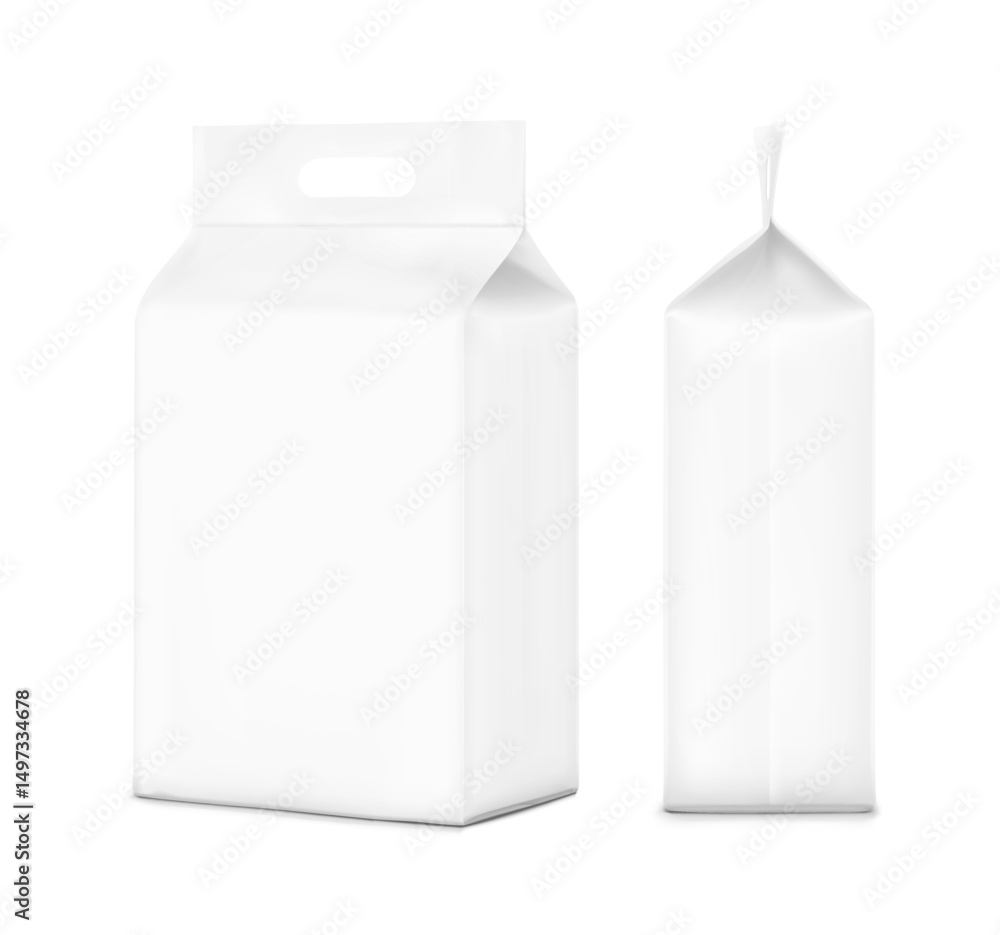 Realistic stand bag with hole handle mockup. Side, half side view. Vector illustration isolated on white background. Suite for the presentation of diapers, wet wipes, pants, changing mats. EPS10. Realistic stand bag with hole handle mockup. Side, half side view. Vector illustration isolated on white background. Suite for the presentation of diapers, wet wipes, pants, changing mats. EPS10.