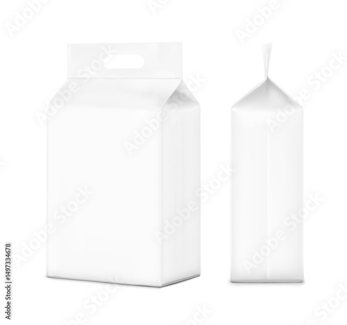 Realistic stand bag with hole handle mockup. Side, half side view. Vector illustration isolated on white background. Suite for the presentation of diapers, wet wipes, pants, changing mats. EPS10.