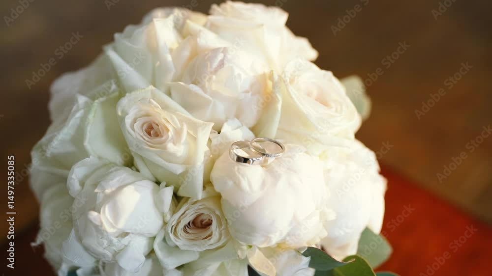 beautiful wedding bouquet of the bride of white roses and green eucalyptus close-up, romantic atmosphere before the outdoor ceremony, floristry and decoration beautiful wedding bouquet of the bride of white roses and green eucalyptus close-up, romantic atmosphere before the outdoor ceremony, floristry and decoration