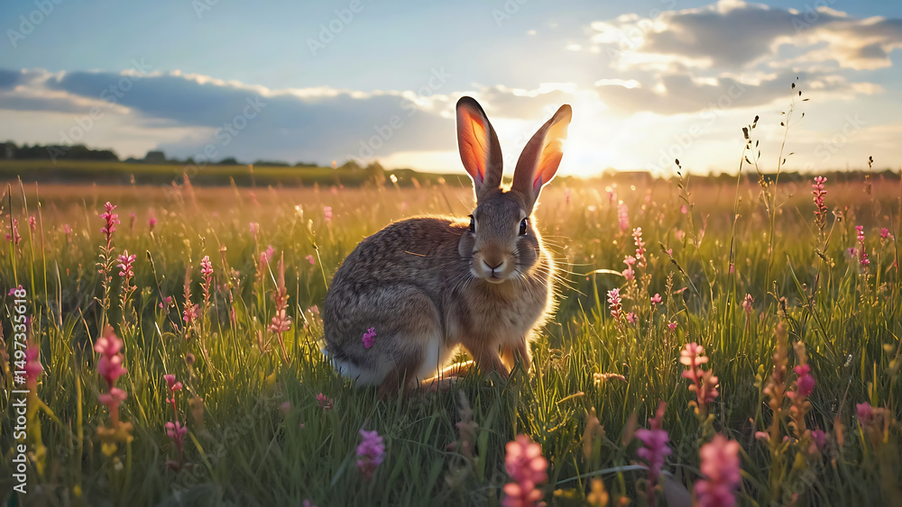Obraz premium Rabbit in a meadow at sunset