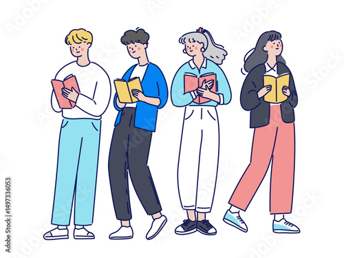 本を読む4人の学生グループのイラスト