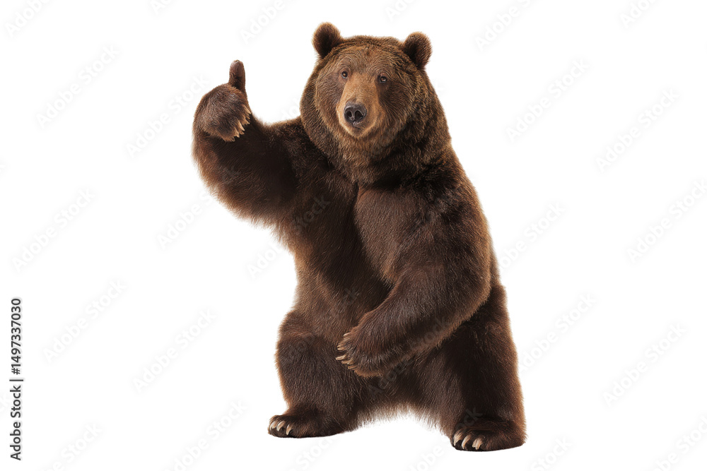 Fototapeta premium Brown bear standing on hind legs giving a thumbs up on a transparent background vector Concept of approval, success, and wildlife