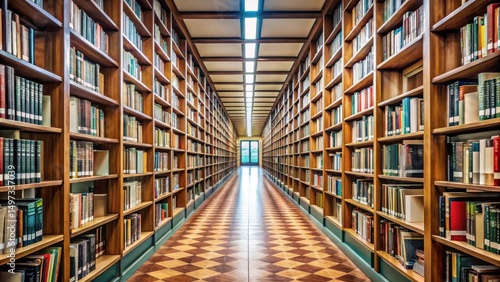 Wallpaper Mural Empty corridor of college library with rows of bookshelves and study tables , college, corridor Torontodigital.ca