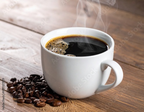 Freshly brewed coffee emits steam, resting beside scattered roasted coffee beans on wood.