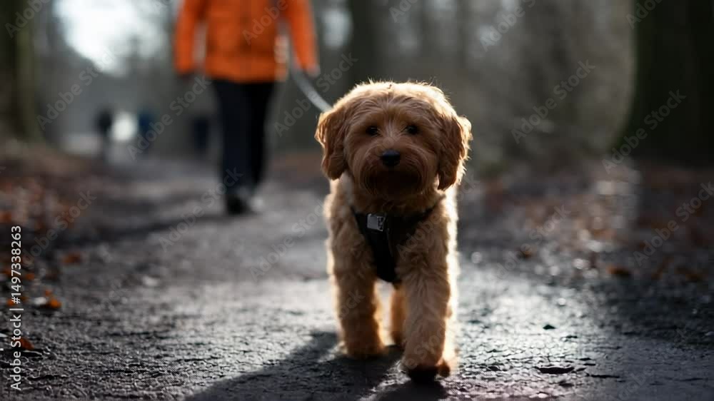 Cute dog walking on a forest path while owner strolls in the background on a cloudy day Cute dog walking on a forest path while owner strolls in the background on a cloudy day