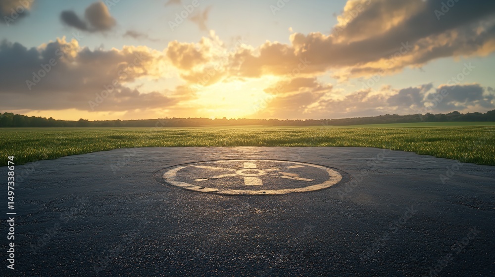 Fototapeta premium Helipad runway sun meadow landscape sunrise airstrip field sky clouds golden hour serene travel