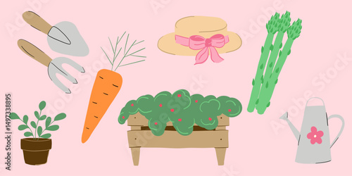 Set of cute cottagecore illustrations. Flowers, gardening tools, asparagus and watering can. Gardening and countryside lifestyle. Spring and summer village. 