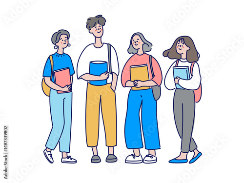 教科書を持って立つ学生グループのイラスト