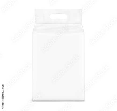 Realistic stand bag with hole handle mockup. Front view. Vector illustration isolated on white background. Suite for the presentation of diapers, wet wipes, pants, changing mats. EPS10.