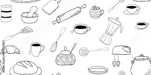 Seamless pattern with kitchen items and hot drinks in hand drawn doodle style