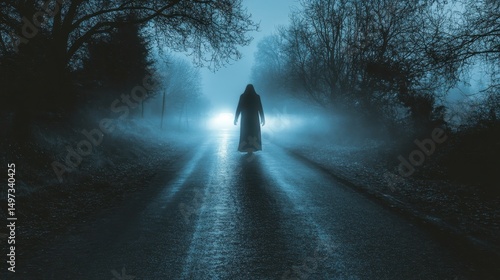 A cloaked figure stands on a foggy road with eerie, bright car headlights. It evokes fear and suspense for dark fantasy or horror designs.