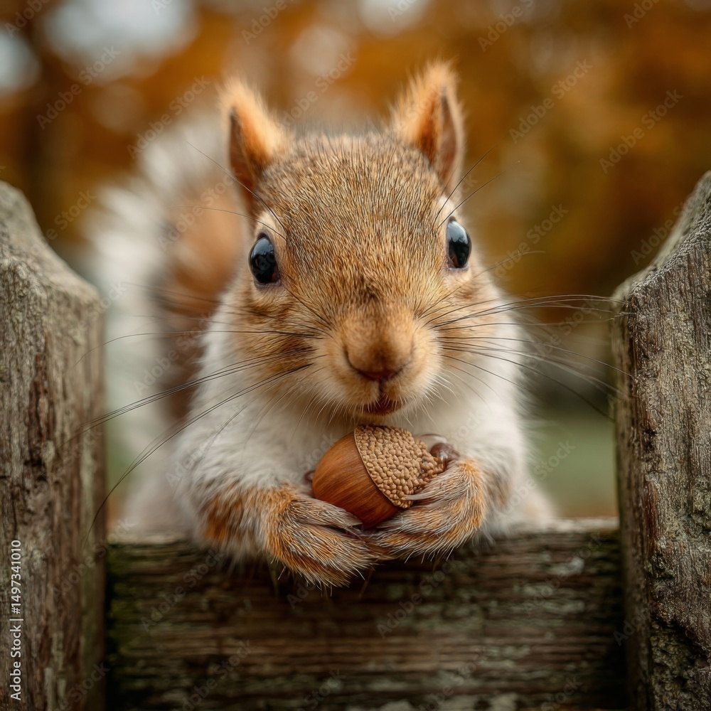 Obraz premium Closeup of an Adorable Brown Squirrel Holding an Acorn
