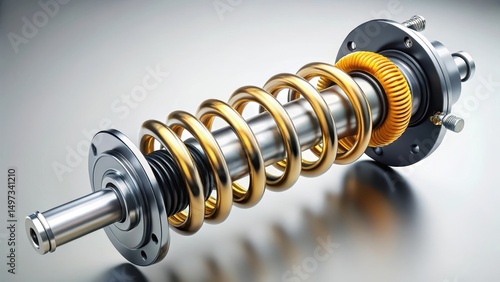 Close-up of shock absorber strut with coil spring assembly detailed illustration, vehicle suspension, engineering concept