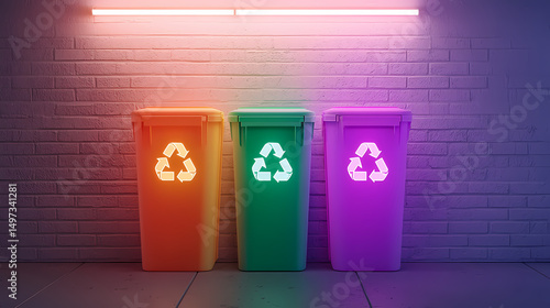 Wallpaper Mural Three colorful recycling bins under neon light against a brick wall, symbolizing waste separation and environmental awareness. Torontodigital.ca