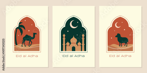 Eid al Adha Mubarak greeting card set. Modern vector illustration of mosque, lamb, and camel, crescent, islamic celebration greeting card, poster, banner, background
