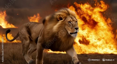 Wallpaper Mural Lion walking through grassland with fire in the background , lion with a flaming mane  Torontodigital.ca