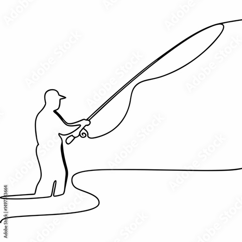 Continuous line illustration of a fisherman casting a fly rod suitable for various design applications and projects