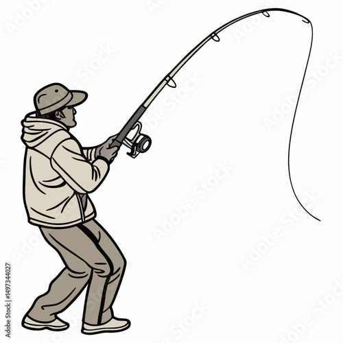 Fisherman in action illustration depicting angler casting fishing rod with line against a white background, transparent for design use.