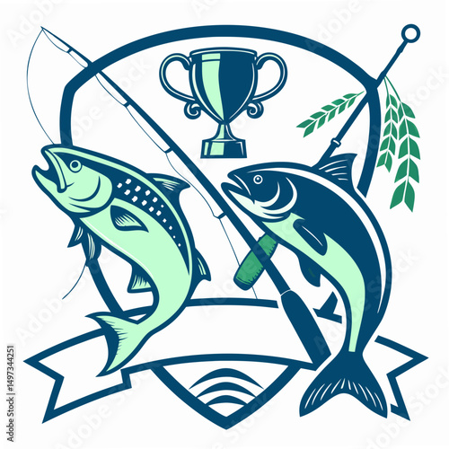 Fishing tournament emblem featuring fish trophy fishing rods and greenery elements on a white background