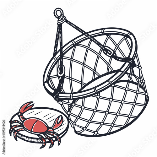 Hand drawn crab and crab net illustration on a white background, perfect for seafood designs, transparent, ready for versatile use.