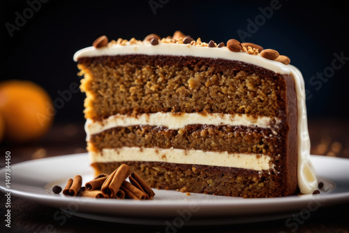A single slice of carrot cake on a plate, perfect for desserts or snacks