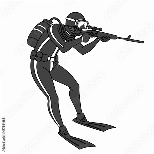 Illustration of a diver aiming a rifle in action suitable for design projects with transparent background