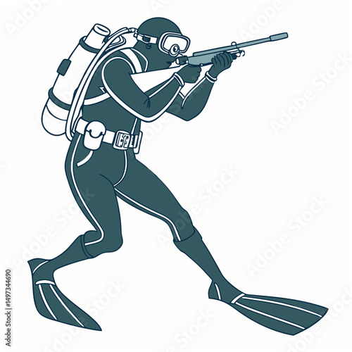 Illustration of a diver aiming a rifle with diving equipment on a white background ready for use