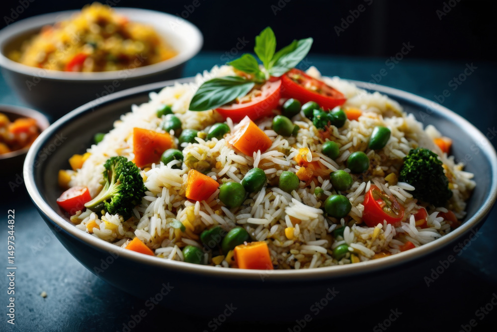 A nutritious meal setup featuring a bowl filled with rice and mixed vegetables, accompanied by a bowl of hot soup