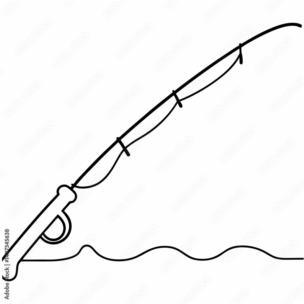 Obraz premium Line art illustration of a fishing rod and line depicting calm water and the sport of fishing, vector illustration.