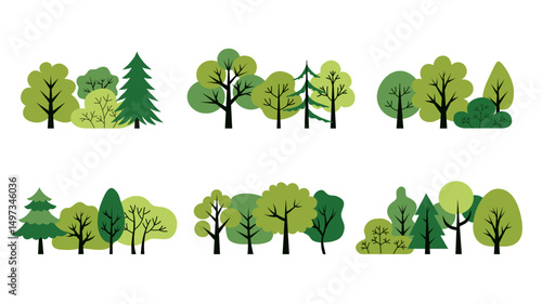 Green deciduous and coniferous trees isolated on a white background. Design concept for a poster, banner. Simple flat style elements. Vector illustration. Trees illustrations set. 