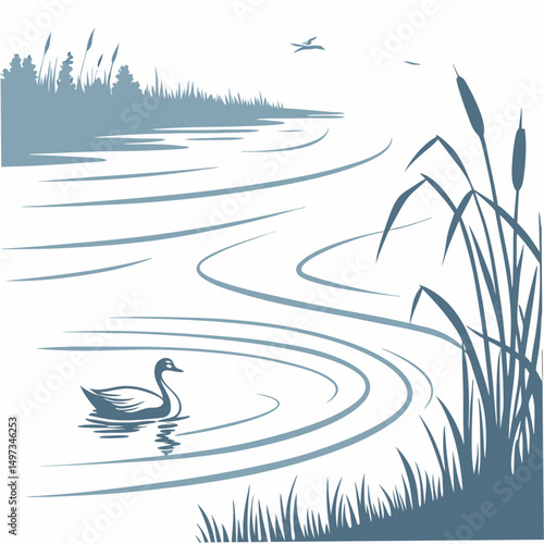 Serene pond scene depicting a swan with tranquil water ripples and natural elements on a transparent background