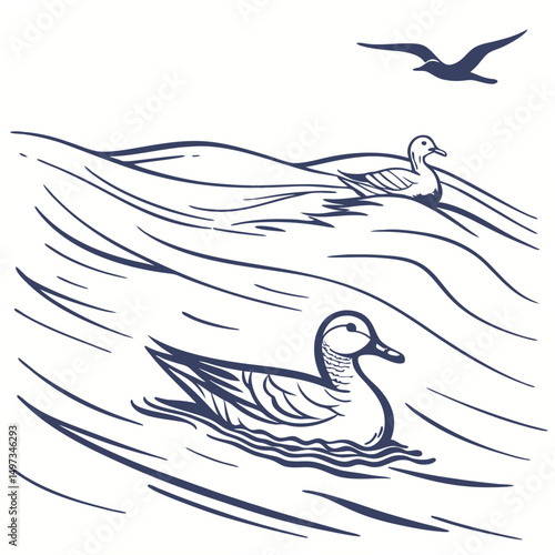 Serene scene of ducks and a seagull silhouetted on water a delightful line art illustration suitable for versatile design applications