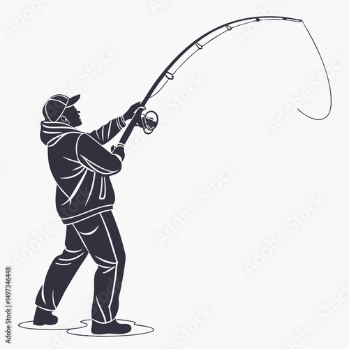 Silhouette of a fisherman casting a fishing rod illustrating outdoor activity with a simple and elegant style