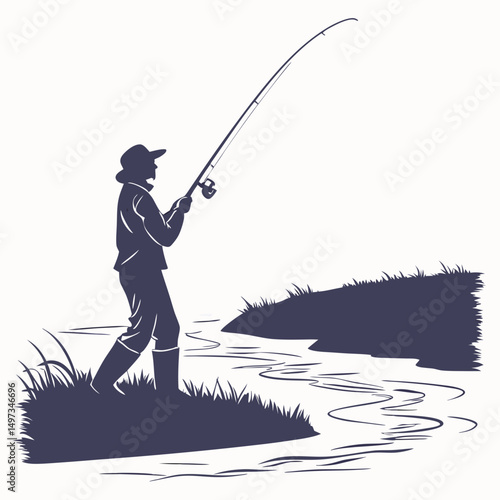 Silhouette of a fisherman casting a line into the river against a transparent background suitable for design
